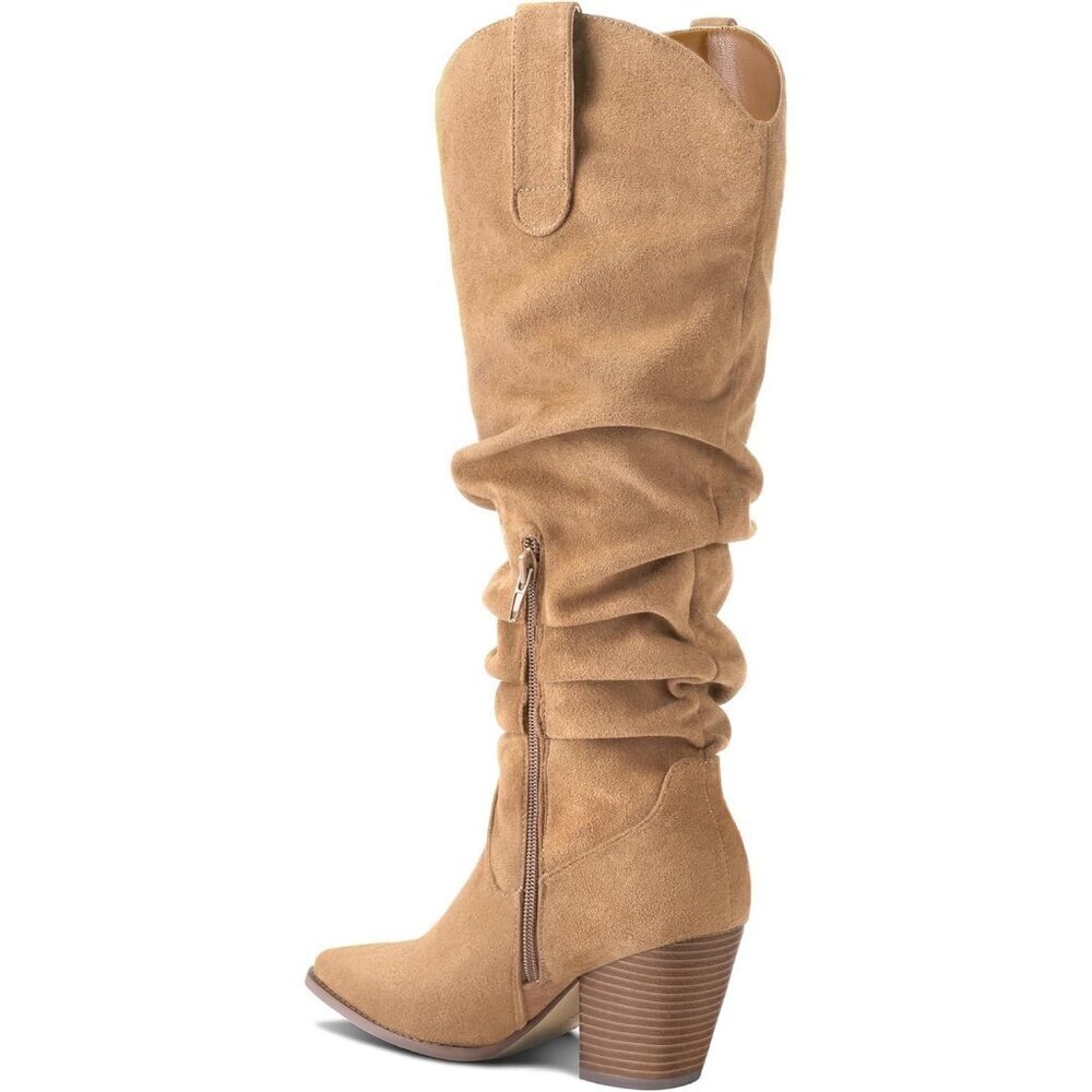 Women's Tan mysoft Cowboy Knee-High Boots Pointed Toe Mid Heel Pull On Slouchy - Picture 4 of 6